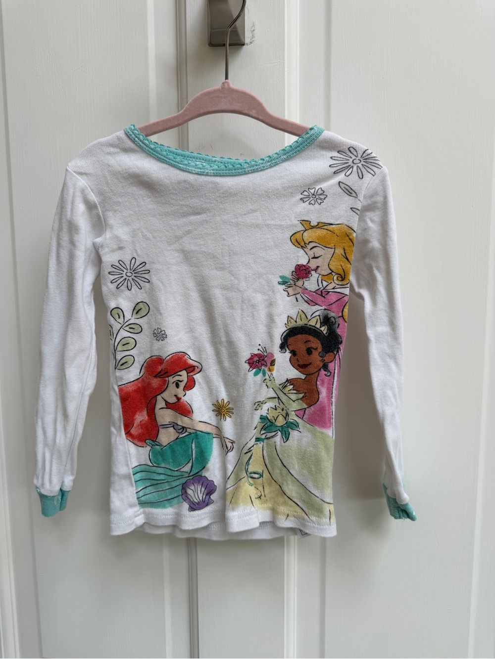 Disney Girls 5 White Long-Sleeve Princess Pajama Top Shirt Ariel Aurora Tiana